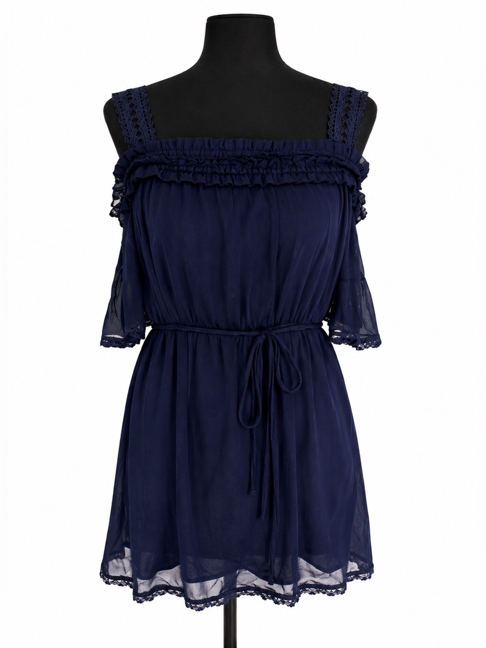 THE KOOPLES DARK BLUE OFF THE SHOULDER LACE TRIM MINI DRESS